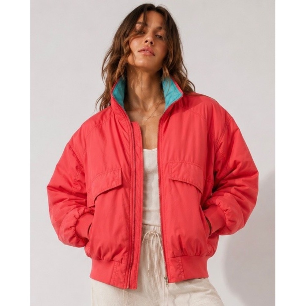 Members Only Performance Plus Red Windbreaker Bomber Jacket Stowaway Hood L